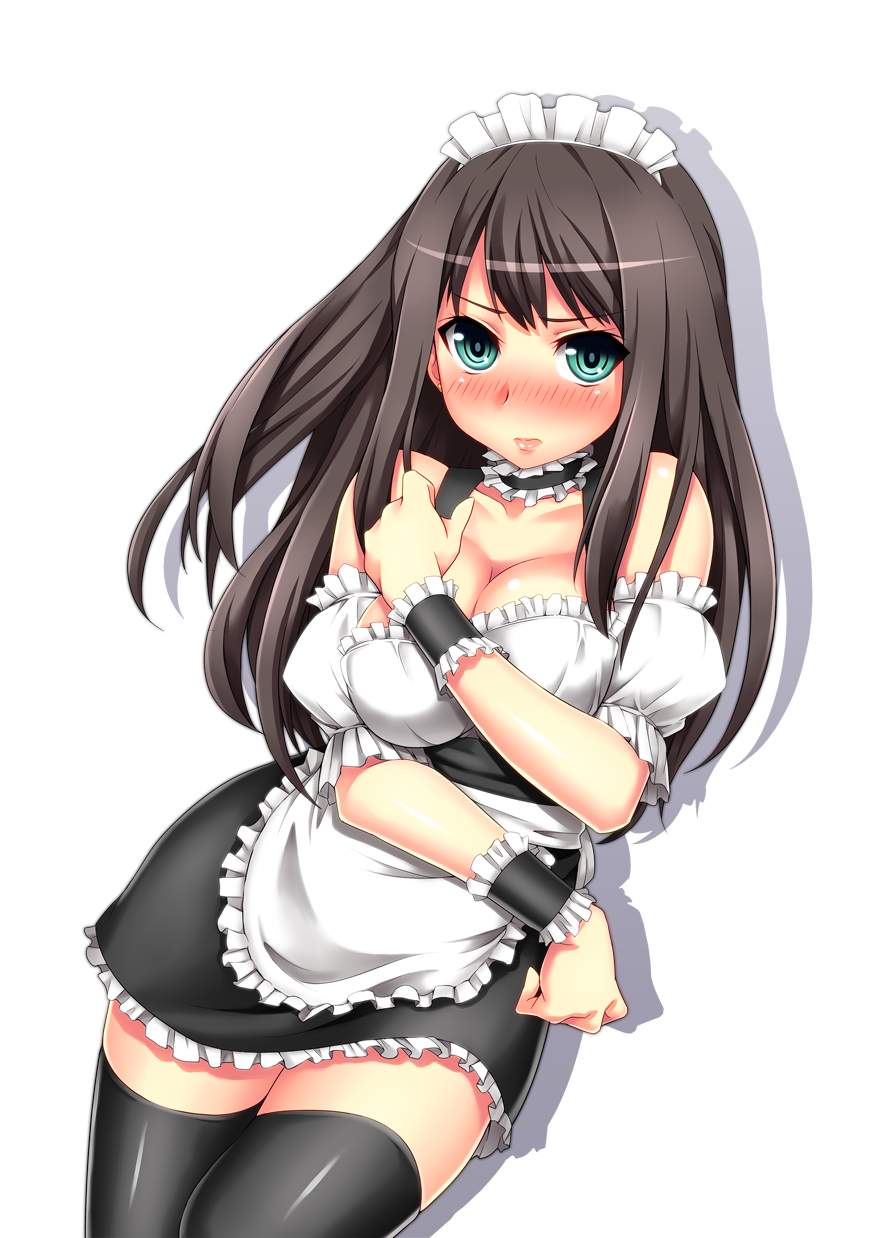 apron, bare_shoulders, black_legwear, blush, breasts, brown_hair, choker, cleavage