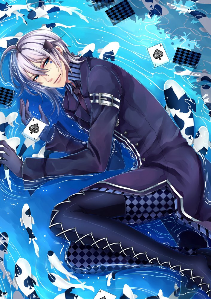 amnesia_(idea_factory), arakunae, blue_background, blue_eyes, fish, formal, gloves, hair_ornament