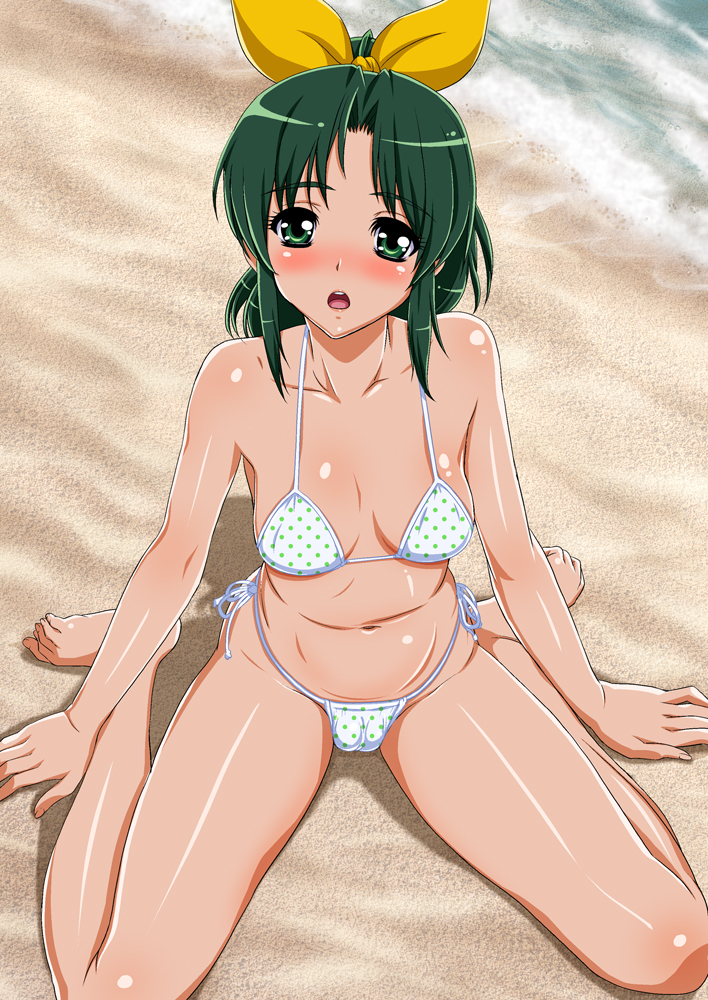 barefoot, beach, bikini, blush, breasts, feet, green_eyes, green_hair, katou_techu, looking_at_viewer, midorikawa_nao, polka_dot, polka_dot_bikini, polka_dot_swimsuit, precure, sand, sitting, smile_precure!, solo, swimsuit, toes, wariza