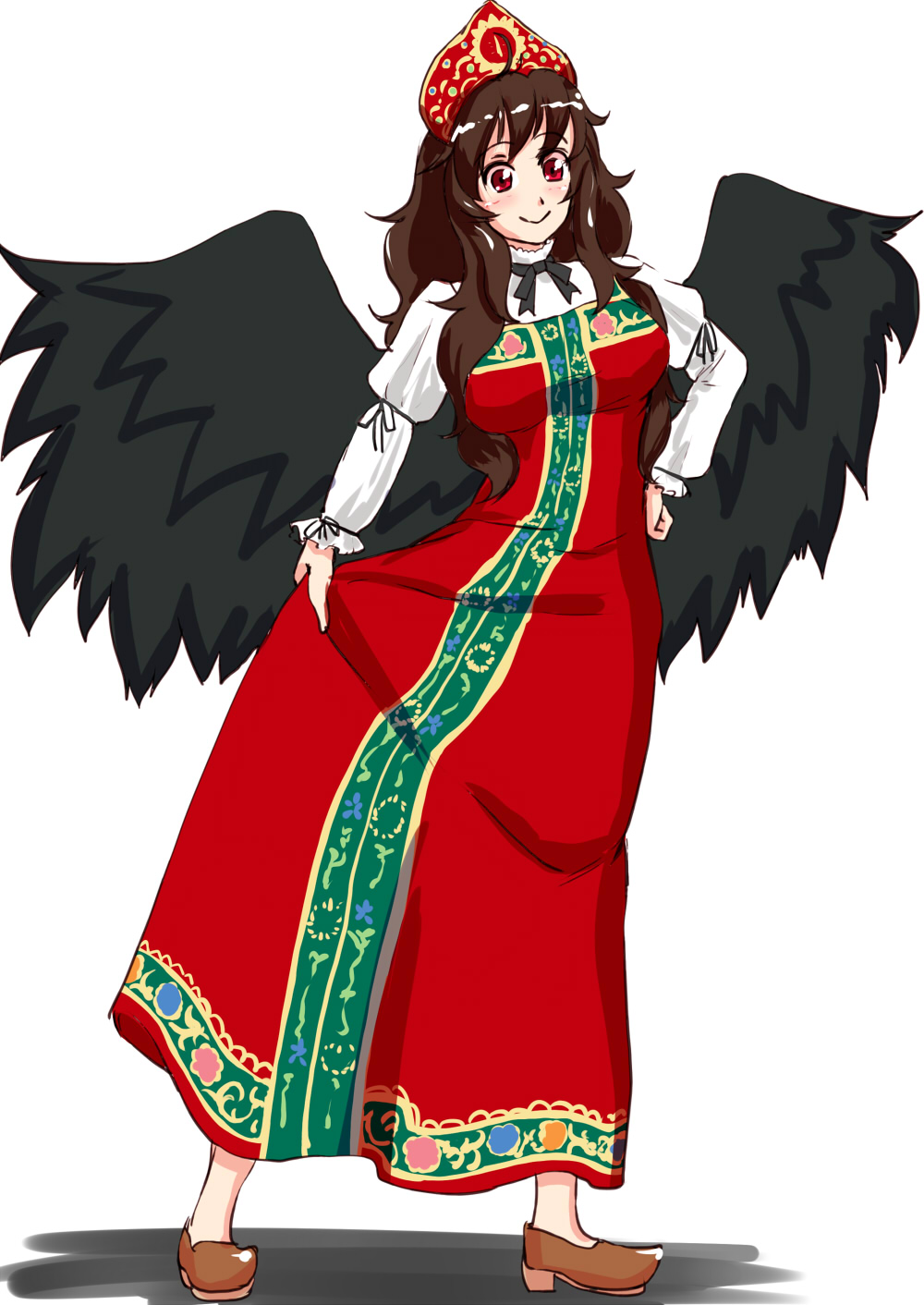 alternate_costume, black_wings, blush, breasts, brown_hair, dress, hat, highres