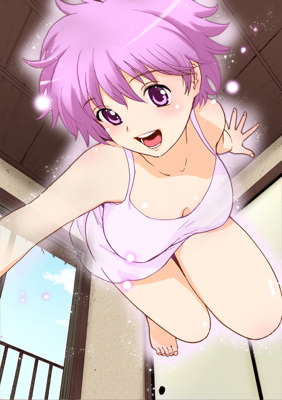 blush, breasts, cleavage, down_blouse, dress, feet, floating, ghost, glowing, happy, itoshi_no_kana, kana_(itoshi_no_kana), outstretched_arms, purple_eyes, purple_hair, solo, sparkle, spread_arms, tanaka_yutaka, violet_eyes, window