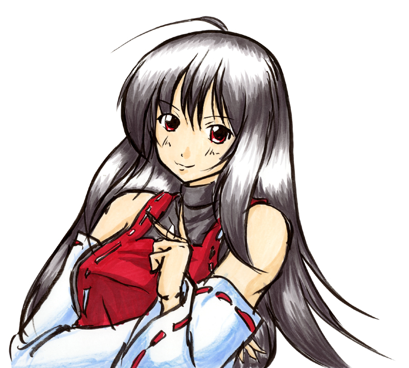1girl, ahoge, bare_shoulders, black_hair, detached_sleeves, japanese_clothes, leotard, long_hair