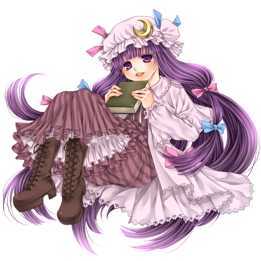 bad_id, book, boots, crescent, hat, highres, long_hair, patchouli_knowledge, purple_eyes, purple_hair, shiratama_(mofutto), solo, touhou, transparent_background, violet_eyes