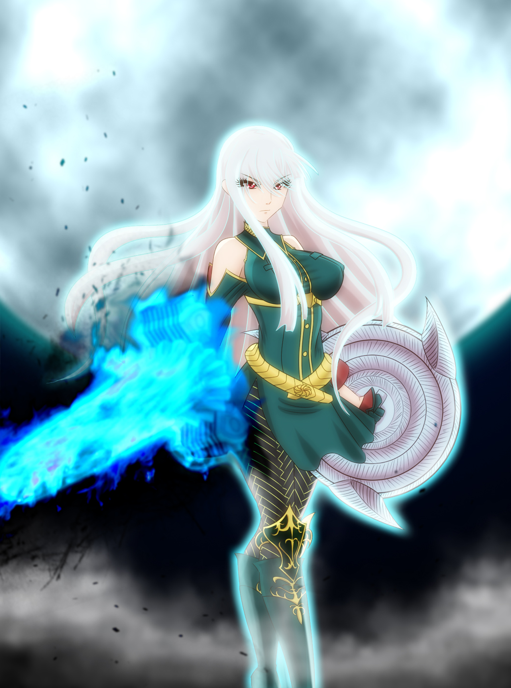 1girl, bare_shoulders, boots, breasts, crossed_legs_(standing), detached_sleeves, eyelashes, full_moon