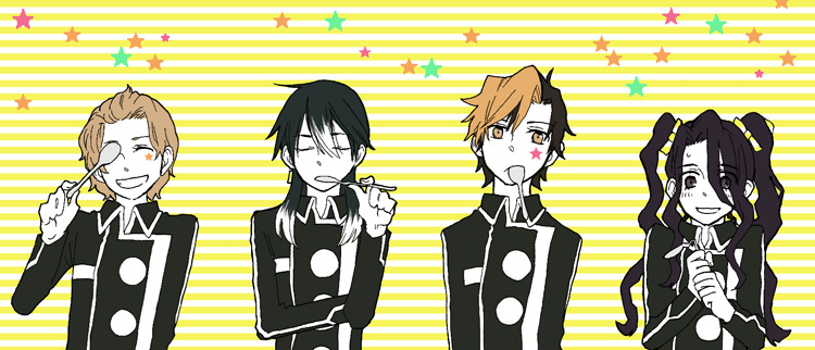 bent_spoon, black_hair, brown_hair, closed_eyes, earrings, eyes_closed, grin, hayate_x_blade
