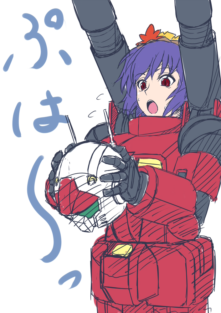 cosplay, guncannon, guncannon_(cosplay), gundam, h-new, hair_ornament, headwear_removed, helmet, helmet_removed, leaf, mecha_musume, purple_hair, red_eyes, shimenawa, short_hair, sketch, slit_pupils, solo, sweat, touhou, translation_request, yasaka_kanako