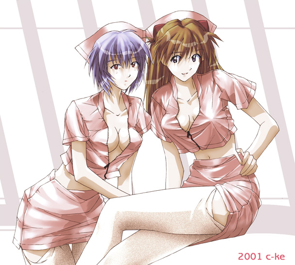 2girls, ayanami_rei, blue_eyes, blue_hair, breasts, brown_hair, cleavage, gainax