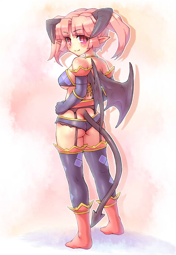 1girl, ass, bat_wings, blush, bra, breasts, demon_girl, demon_tail
