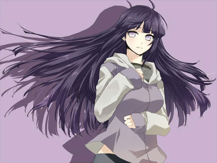 ahoge, black_hair, breasts, forehead_protector, fukurou_(hukirou), hoodie, hyuuga_hinata, konohagakure_symbol, large_breasts, long_hair, naruto, naruto_shippuuden, purple_eyes, smile, solo, violet_eyes