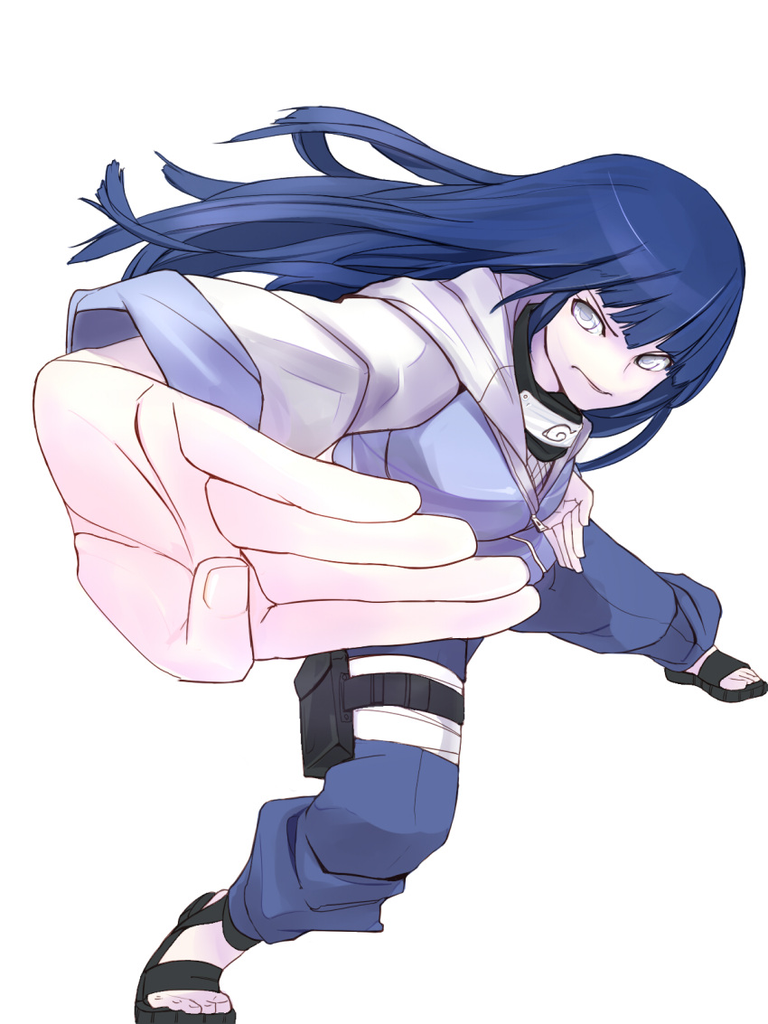 barefoot_sandals, blue_eyes, blue_hair, fighting_stance, fishnets, forehead_protector, foreshortening, grimace, highres, hoodie, hyuuga_hinata, konohagakure_symbol, long_hair, mochi_suki, naruto, naruto_shippuuden, ninja, sandals, solo