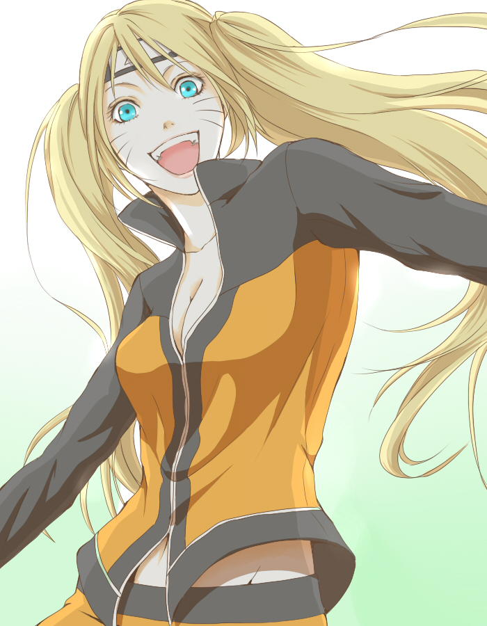 blonde_hair, blue_eyes, breasts, cleavage, fangs, female, forehead_protector, genderswap