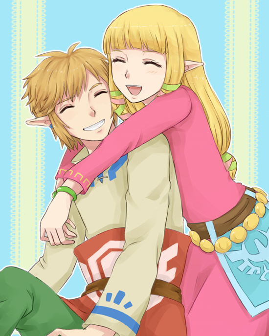 blonde_hair, bracelet, earrings, hug, jewelry, link, long_hair, nintendo