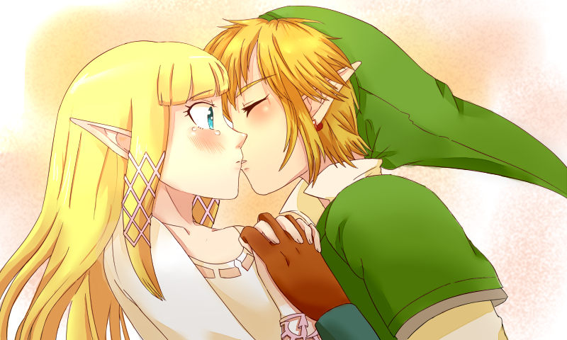 1boy, 1girl, bangs, blue_eyes, blush, closed_eyes, dress, earrings, eyes_closed, fingerless_gloves, gloves, hair_ornament, hand_holding, hat, interlocked_fingers, jewelry, kiss, link, long_hair, nintendo, pointy_ears, princess_zelda, riko_(sorube), short_hair, skyward_sword, sorube, tears, the_legend_of_zelda, vambraces, white_dress