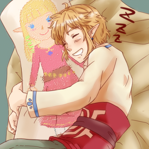 blonde_hair, child_drawing, dakimakura_(object), earrings, hug, jewelry, link, lowres