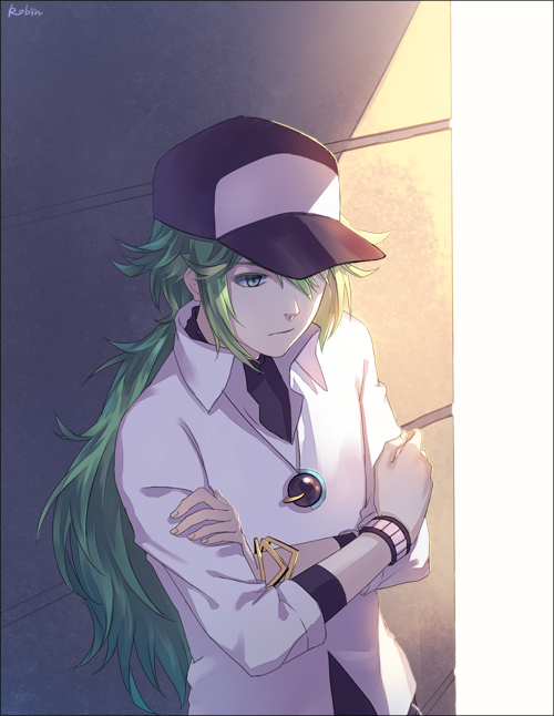 baseball_cap, green_eyes, green_hair, hat, jewelry, long_hair, male, n_(pokemon), necklace, pokemon, pokemon_(game), pokemon_bw, ponytail, robinexile, solo