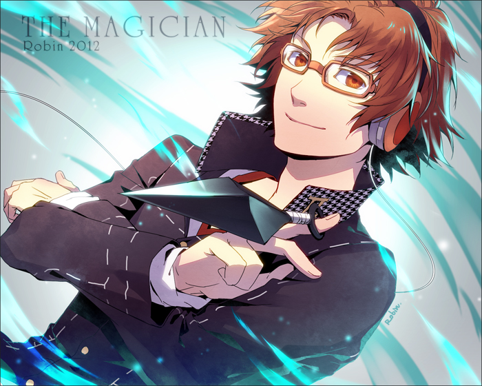 brown_eyes, brown_hair, glasses, hanamura_yousuke, headphones, houndstooth, kunai, male