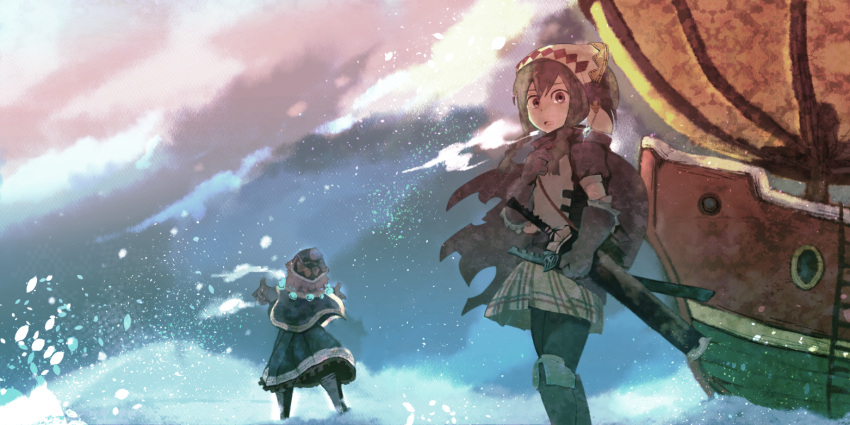bandanna, breath, brown_eyes, brown_hair, cloud, clouds, coat, gloves, hot_air_balloon, pantyhose, rune_master_(sekaiju), samidare, sekaiju_no_meikyuu, sekaiju_no_meikyuu_4, ship, sword, swordsman_(sekaiju_4), weapon