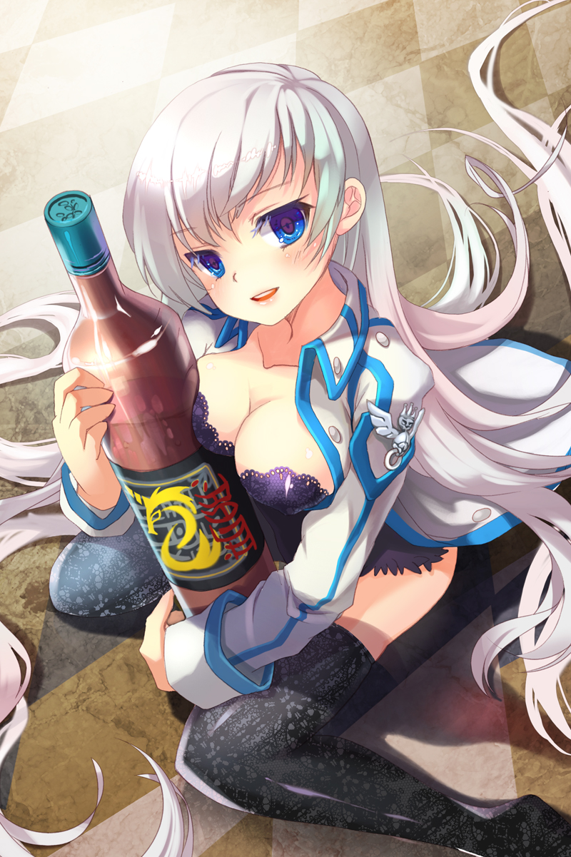 alcohol, argyle, black_legwear, blue_eyes, blush, bottle, breast_press, breasts, camisole, cleavage, coat, drunk, from_above, highres, large_breasts, long_hair, mintchoco, object_hug, open_mouth, parted_lips, shiny, shiny_skin, sigma_(sword_girls), silver_hair, sitting, smile, solo, striped, sword_girls, thigh-highs, thighhighs, very_long_hair, wariza