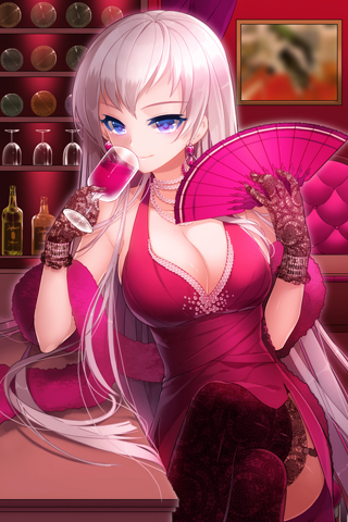 black_legwear, blue_eyes, breasts, cleavage, crossed_legs, cup, dress, drink, earrings, fan, garters, glass, gloves, holding, jewelry, large_breasts, long_hair, lowres, purple_eyes, shiny, shiny_skin, sigma_(sword_girls), sitting, smile, sword_girls, thigh-highs, thighhighs, very_long_hair, violet_eyes, white_hair, wine, wine_glass