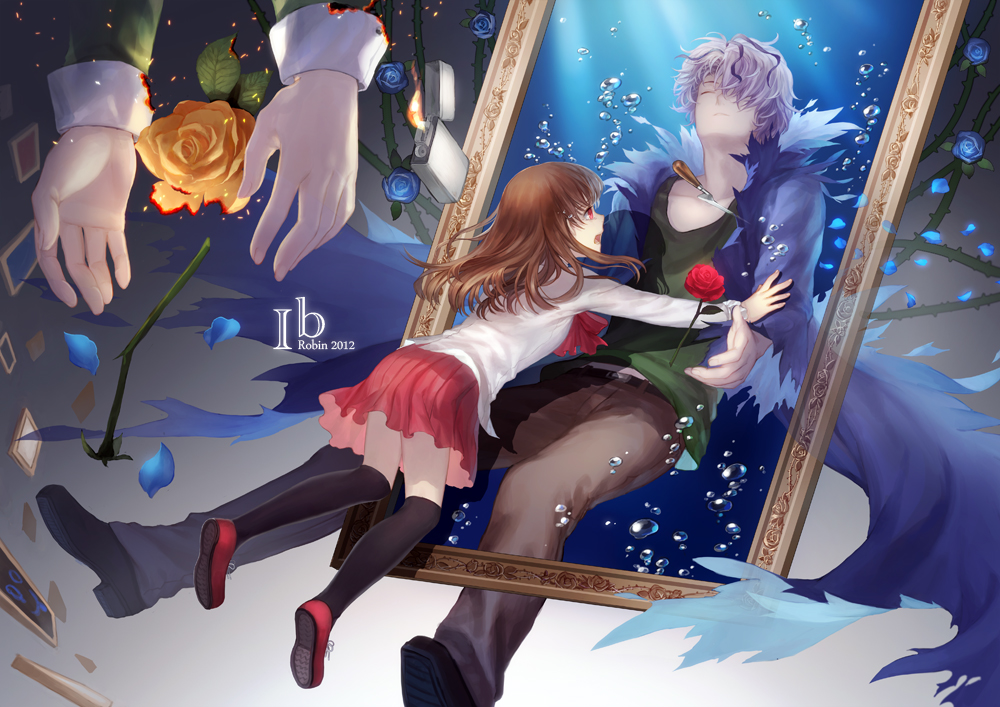 1girl, black_legwear, blue_rose, brown_hair, bubble, burning, coat, eve_(ib), falling, flower, fur_coat, garry_(ib), gary_(ib), ib, ib_(ib), kneehighs, lighter, mary_(ib), painting, palette_knife, petals, picture_frame, purple_hair, red_eyes, red_rose, robinexile, rose, spoilers, title_drop, water, withered, yellow_rose