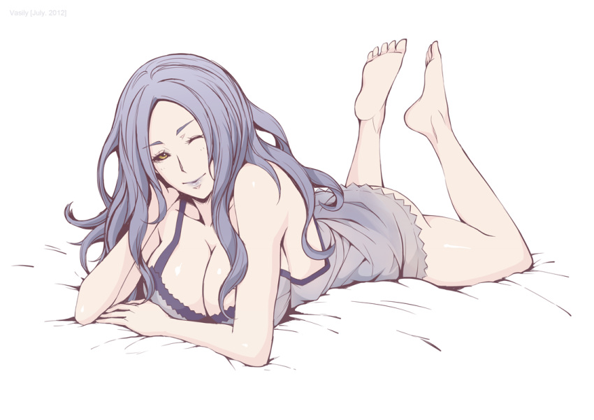 arm_support, barefoot, belinda, black_sclera, breasts, cleavage, collarbone, feet