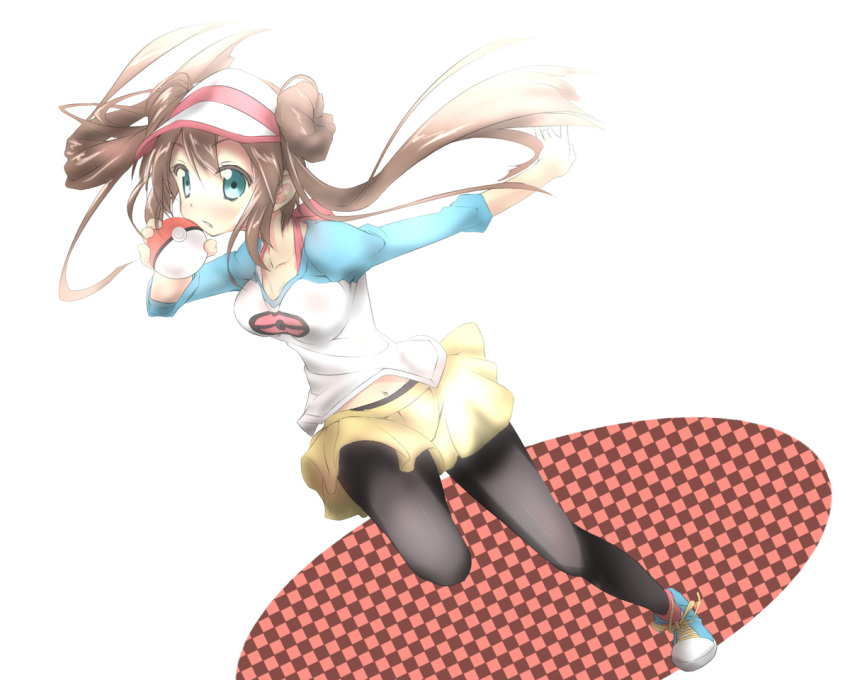 aqua_hair, black_legwear, breasts, double_bun, legwear_under_shorts, long_hair, mei_(pokemon), morito, navel, pantyhose, poke_ball, pokemon, pokemon_(game), pokemon_bw2, raglan_sleeves, shorts, skirt, solo, twintails