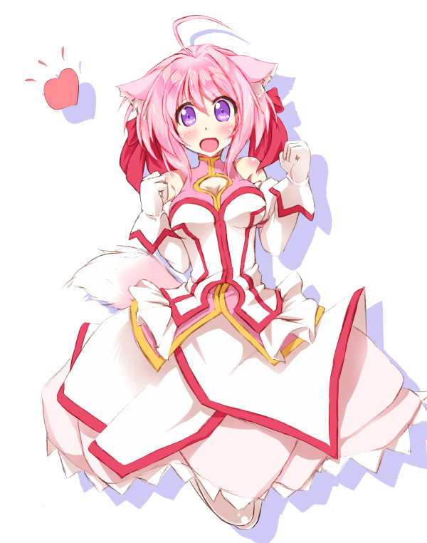 :o, ahoge, animal_ears, arm_gloves, bare_shoulders, blush, bow, dog_days