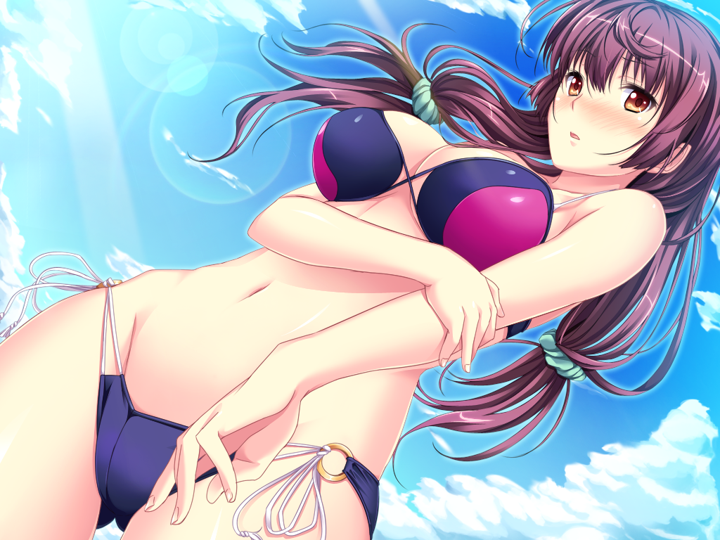 bikini, blush, breasts, cleavage, cloud, cloudy_sky, dky, dutch_angle