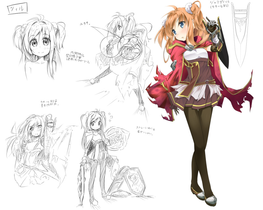 black_legwear, blue_eyes, cape, jamadhar, morito, orange_hair, original, pantyhose, short_twintails, skirt, solo, sword_art_online, twintails