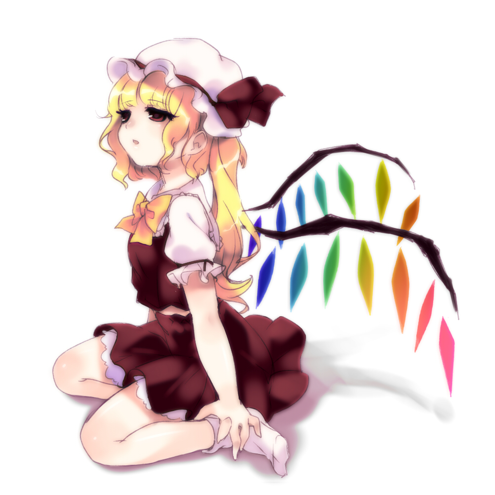 blonde_hair, bow, flandre_scarlet, hat, long_hair, ponytail, red_eyes, simple_background