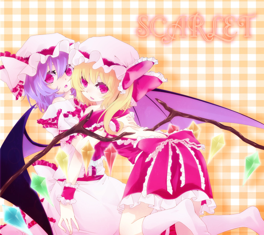 absurdres, adapted_costume, artist_request, bat_wings, blonde_hair, blue_hair, bow, crystal, family_name, flandre_scarlet, frills, hat, hat_bow, highres, kneeling, mister_rhino_(wangzisama1001), multiple_girls, open_mouth, plaid, plaid_background, red_eyes, remilia_scarlet, short_hair, short_sleeves, siblings, side_ponytail, sisters, touhou, wings, wrist_cuffs
