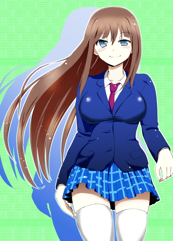 accel_world, blazer, blue_eyes, breasts, brown_hair, kurasaki_fuuko, large_breasts, long_hair, necktie, school_uniform, skirt, smile, solo, thigh-highs, thighhighs, yosinobu, zettai_ryouiki