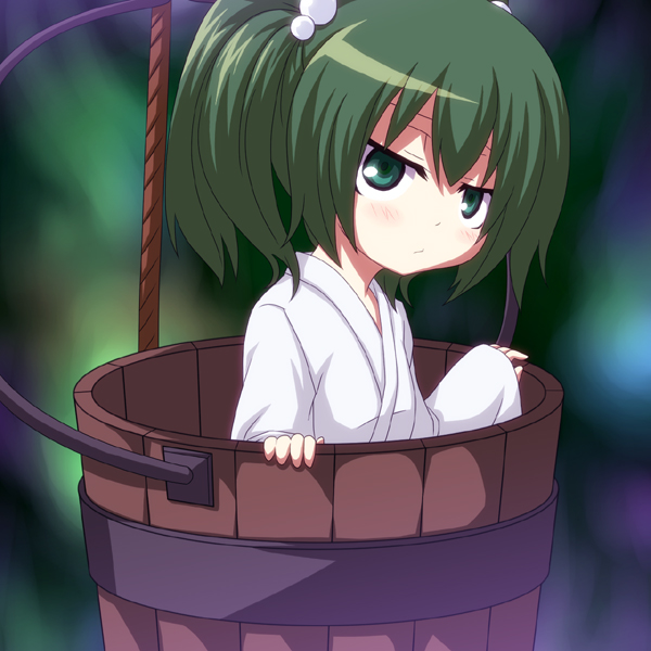 blush, bucket, green_eyes, green_hair, hair_bobbles, hair_ornament, in_bucket, in_container