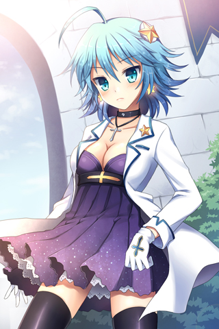 black_legwear, blue_eyes, blue_hair, blush, breasts, choker, cleavage, collarbone, cross, dress, earrings, frilled_dress, frills, frown, gart, gloves, hair_ornament, hairpin, jacket, jewelry, lowres, mauve, necklace, pleated_dress, short_hair, skindentation, star, sword_girls, thigh-highs, thighhighs