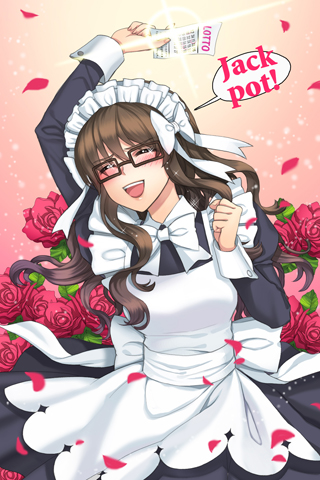arm_up, blush, bow, brittany_scarborough, brown-framed_glasses, brown_hair, chief_maid, clenched_hand, closed_eyes, english, eyes_closed, flower, glasses, grin, holding, long_hair, lowres, maid, maid_headdress, open_mouth, petals, ribbon, rose, smile, sword_girls