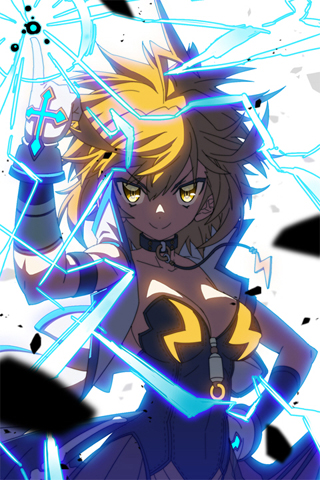 blonde_hair, breasts, bustier, collar, collarbone, cross, electricity, gloves