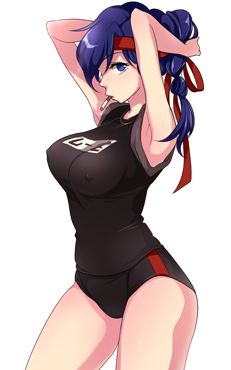 amano_jako, arms_behind_head, blue_eyes, blue_hair, buruma, cigarette, erect_nipples, headband
