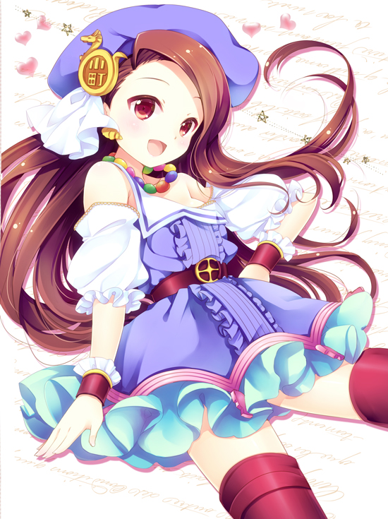 :d, bare_shoulders, brown_hair, detached_sleeves, dress, hat, heart, idolmaster