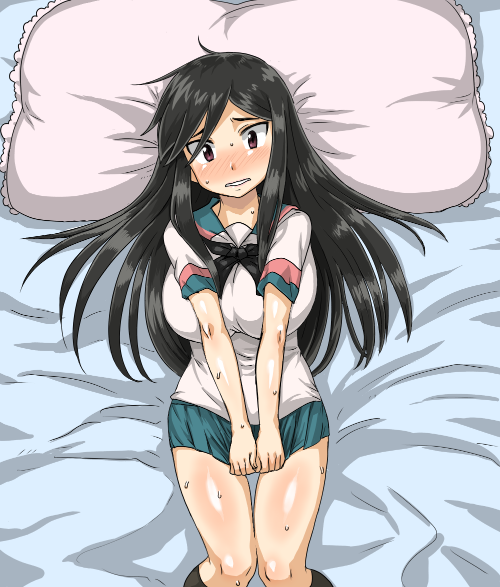 a_channel, black_hair, blush, breasts, brown_eyes, clenched_teeth, getter, large_breasts