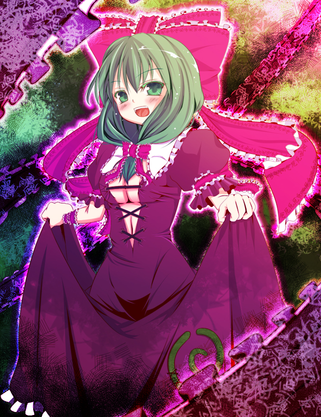 blush, bow, breasts, dress, dress_lift, frills, front_ponytail, green_eyes