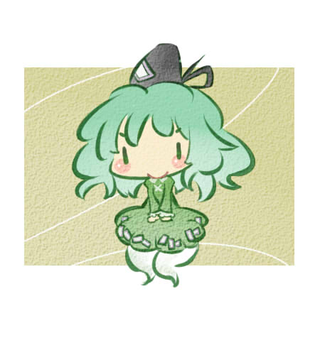 :>, blush_stickers, chibi, floating, ghost, green_hair, hat, homurabi, lowres, soga_no_tojiko, solo, touhou, v_arms, |_|