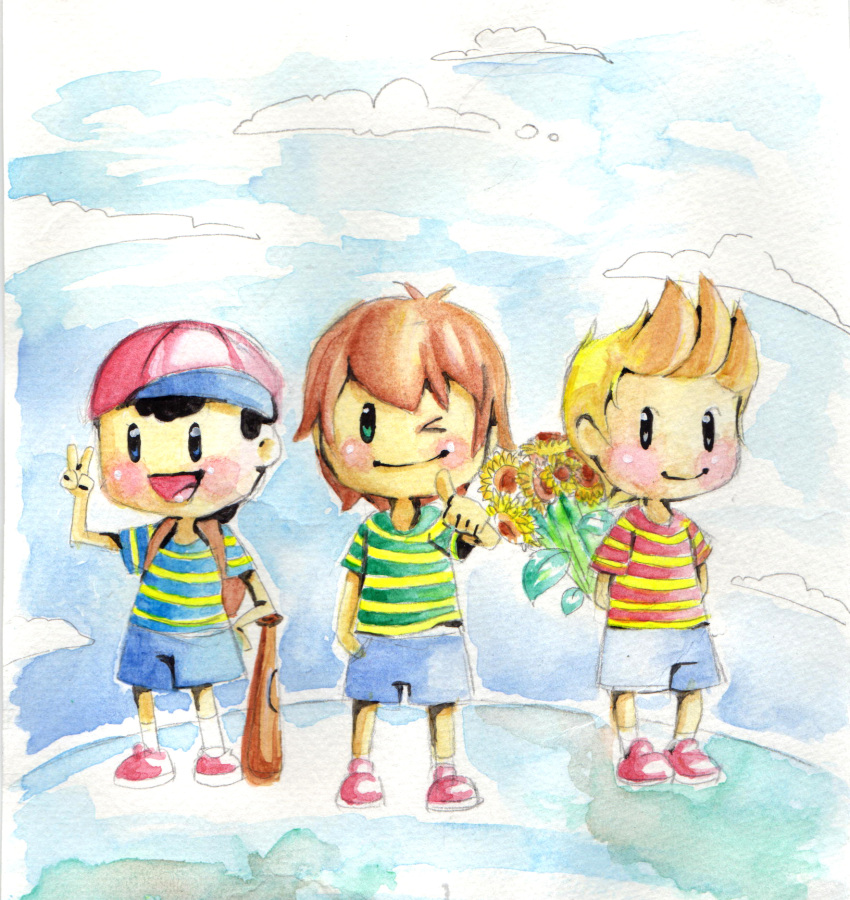 backpack, bag, baseball_bat, baseball_cap, black_hair, blonde_hair, brown_hair, chibi, child, cloud, clouds, flower, hat, highres, lucas, male, mother_(game), mother_2, mother_3, mother_4, multiple_boys, ness, nintendo, open_mouth, pointing, shirt, shorts, sky, smile, sorakokiri, striped, striped_shirt, sunflower, traditional_media, travis_(mother_4), v, watercolor_(medium), wink