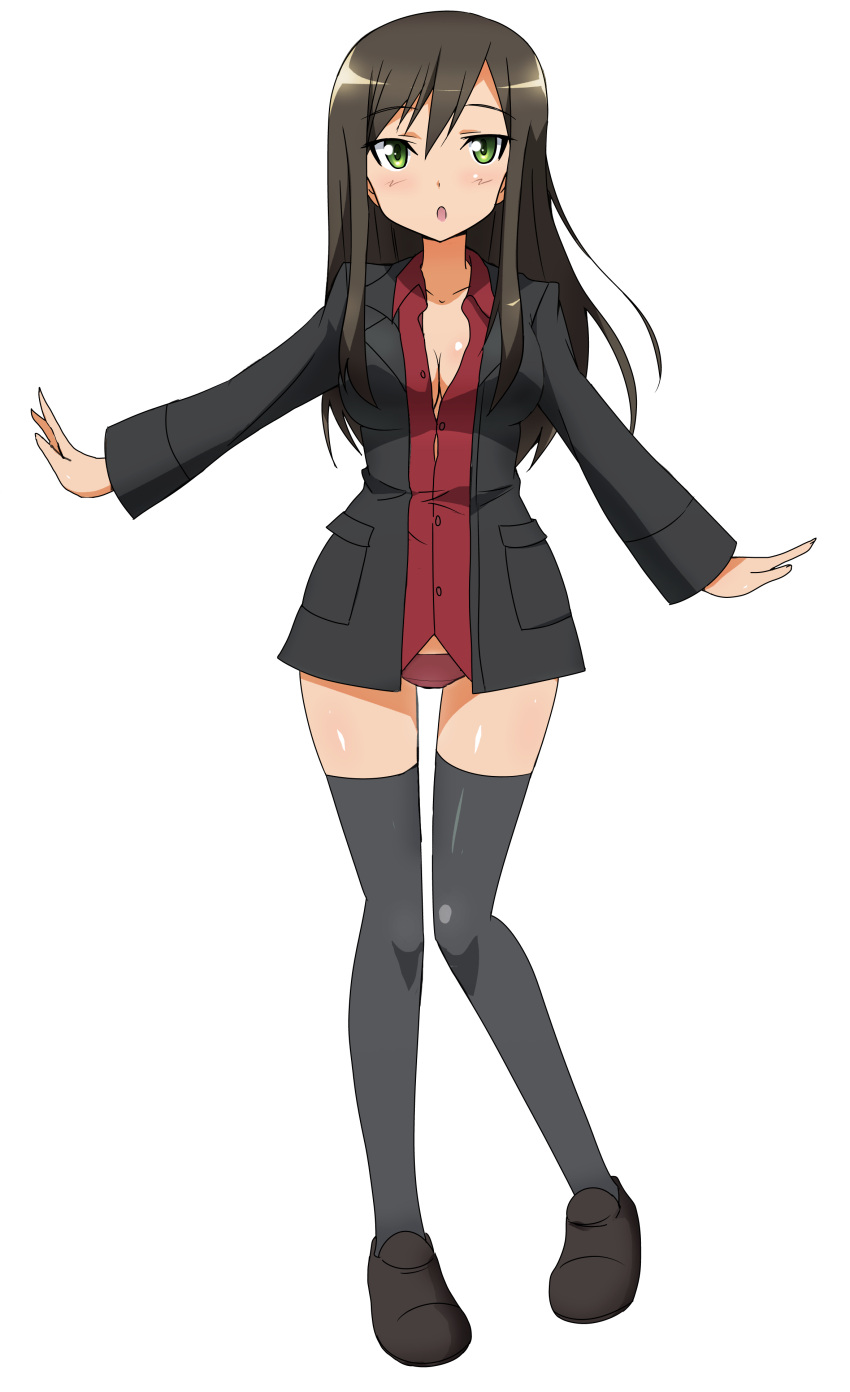 :o, absurdres, black_legwear, breasts, brown_hair, cleavage, collarbone, federica_n_doglio