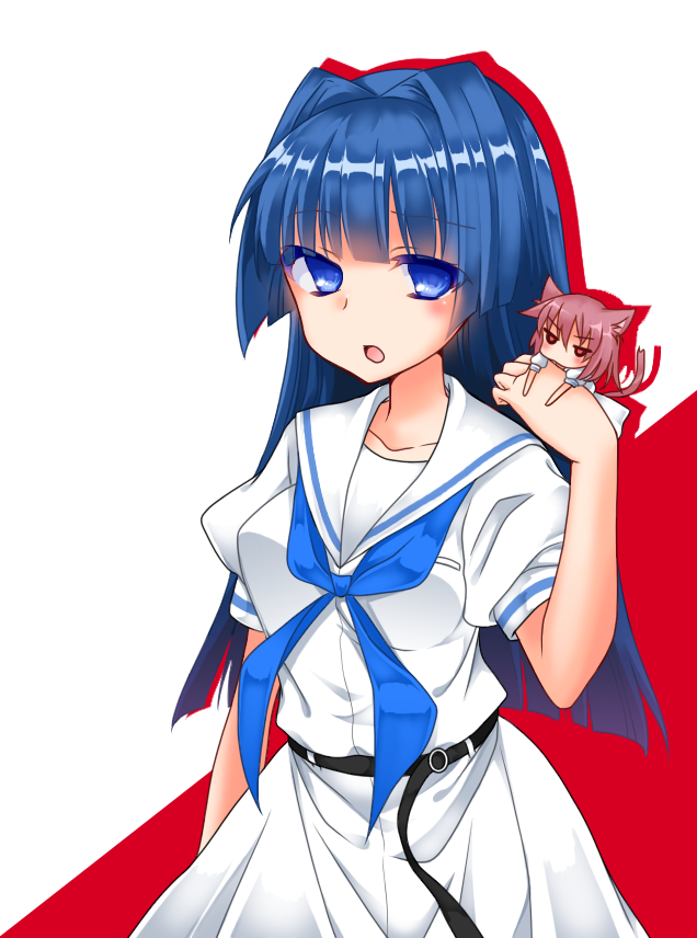 animal_ears, blue_eyes, blue_hair, blush, cat_ears, cat_tail, hirose_sumire, long_hair