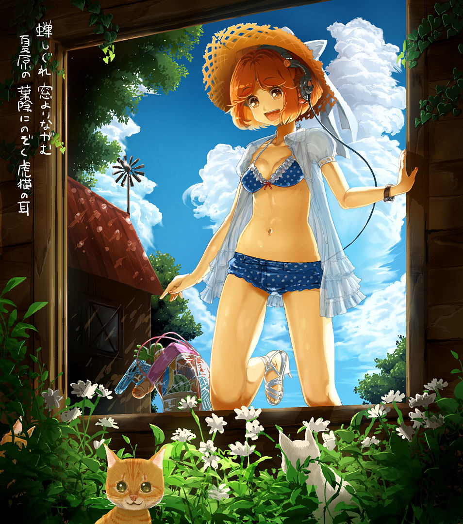 :d, bag, bikini, brown_eyes, brown_hair, cat, cloud, daigoman