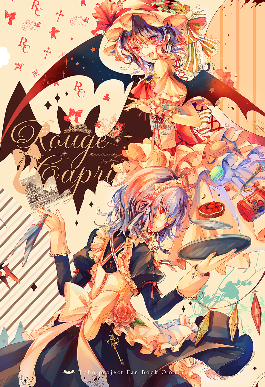 apron, bad_id, bat_wings, blue_hair, bow, braid, flower, hat, hat_ribbon, highres, izayoi_sakuya, key, kirero, knife, maid, maid_headdress, multiple_girls, open_mouth, pastries, postage_stamp, red_eyes, remilia_scarlet, ribbon, rose, short_hair, short_sleeves, silver_hair, smile, stamp, touhou, tray, twin_braids, wings