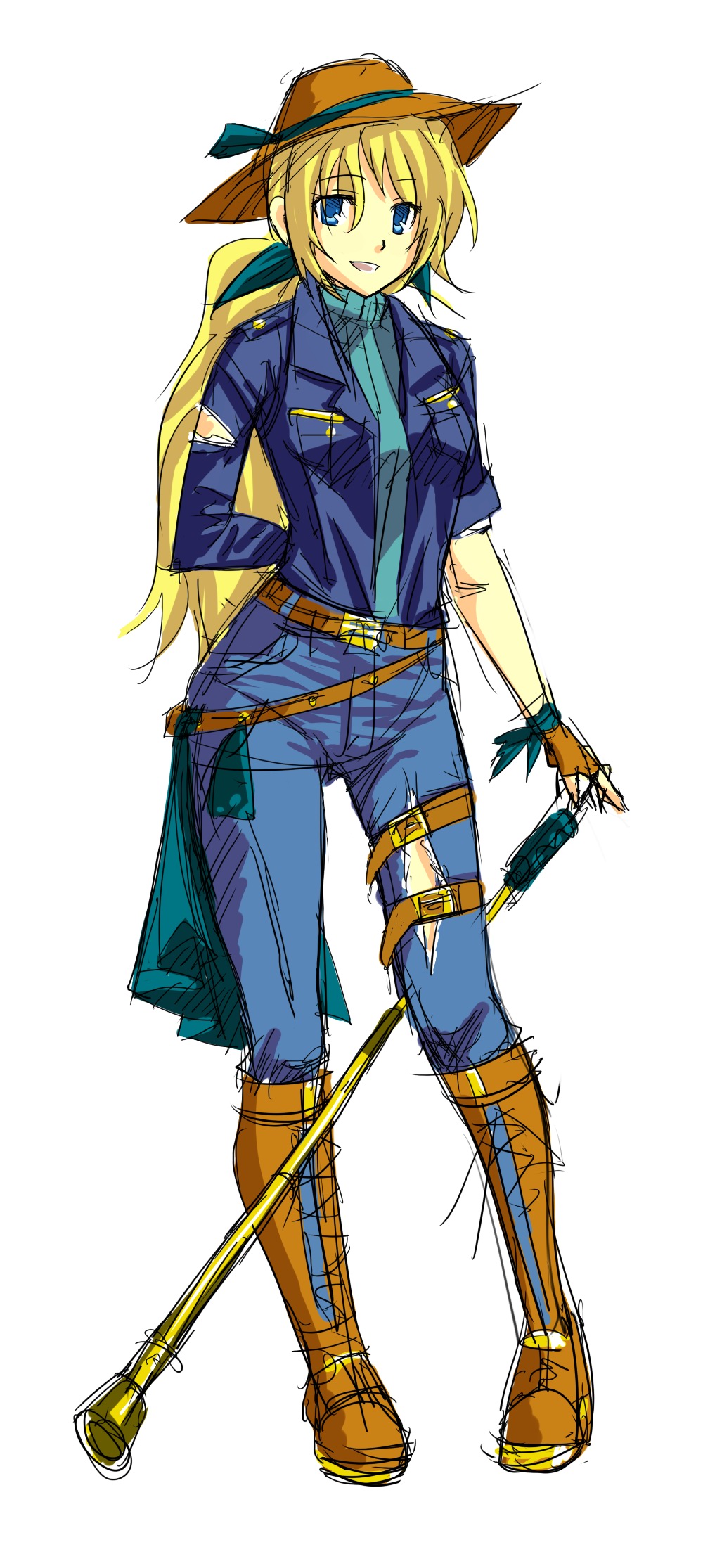 belt, blonde_hair, blue_eyes, boots, cane, fingerless_gloves, gloves, hair_ribbon