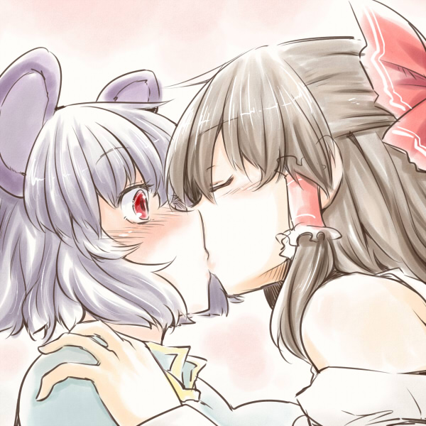 animal_ears, bare_shoulders, blush, bow, brown_hair, bust, closed_eyes, dra