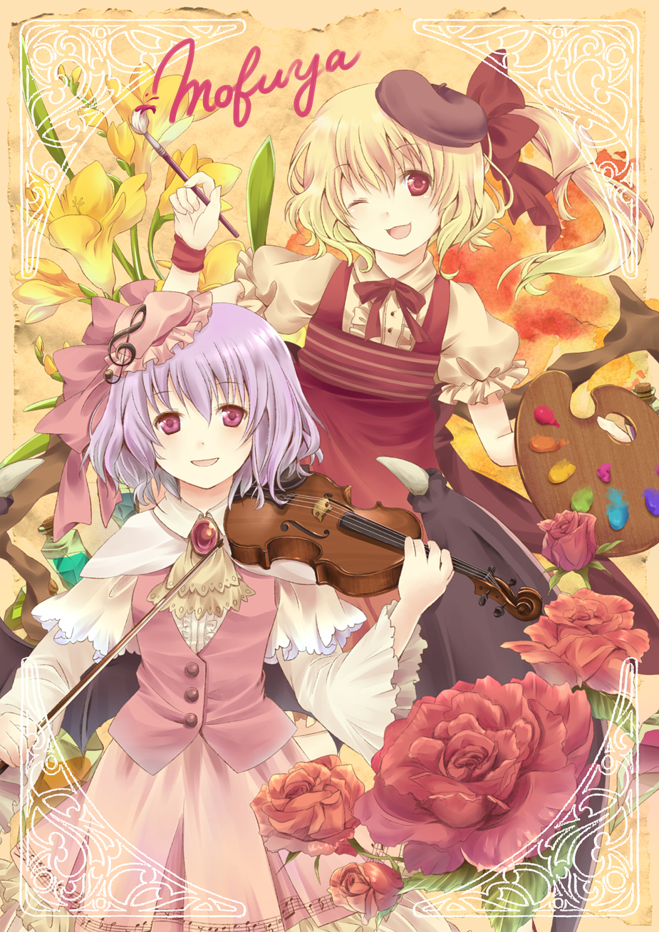 ;d, alternate_costume, alternate_headwear, ascot, bat_wings, beret, blonde_hair, bow