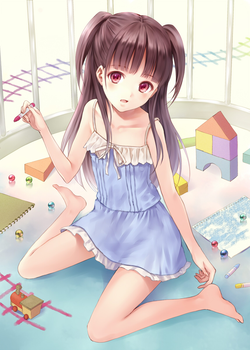 barefoot, blush, brown_hair, building_block, collarbone, crayon, feet, flat_chest